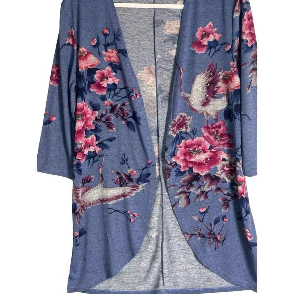 Quacker Factory Blue Embellished Floral Kimono Cardigan Rhinestone Open Front XS